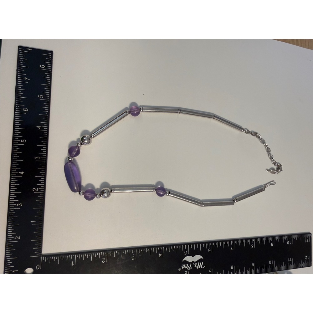 Sarah Coventry Vintage Silver Tone Purple Bead Bar Link Adjustable Necklace